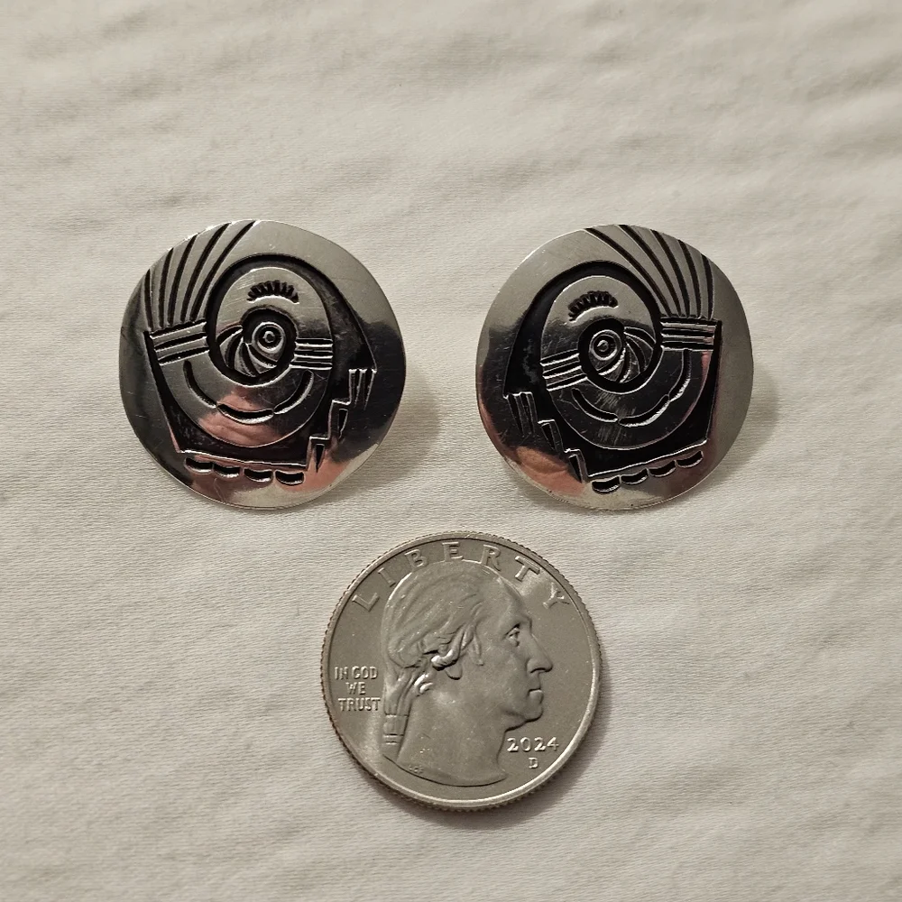 Vintage Hopi Sterling Silver Overlay Post Earrings – Unsigned Artisan - Picture 5 of 5